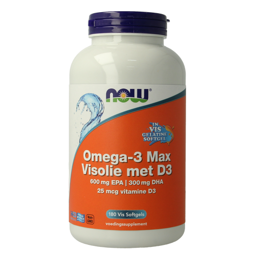 NOW Omega 3 Max softgels with D3, EPA, DHA, in a bottle, showing the supplement capsules for heart and brain health.