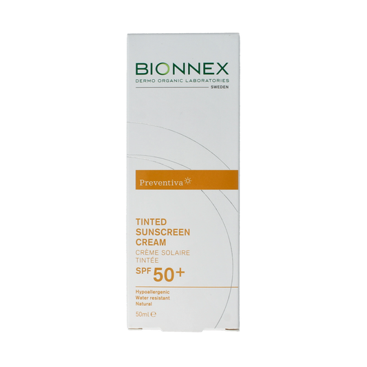 Bionnex Preventiva sun tinted SPF50 sunscreen in 50ml tube, designed for sun protection with a tinted formula.