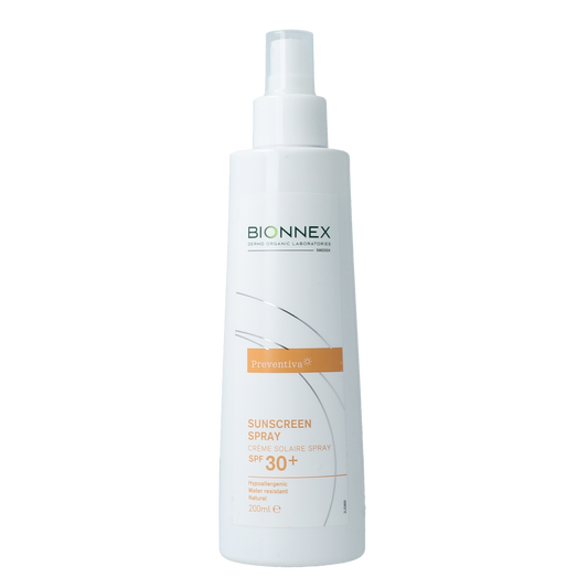 Bionnex Preventiva SPF30 sunscreen spray in 200ml bottle, sun protection product for outdoor skin safety