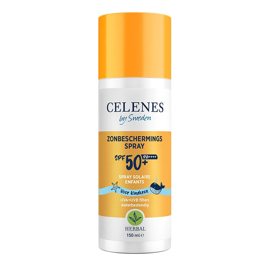 Celenes Herbal Sun Spray for Kids SPF50, 150ml, outdoor sun protection with herbal ingredients in a spray bottle.
