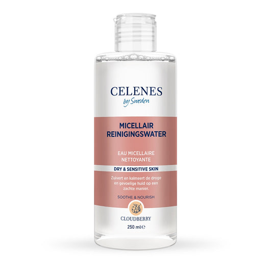 Celenes Cloudberry micellar water in a 250ml bottle, facial skincare product with clear liquid and label featuring cloudberry imagery.