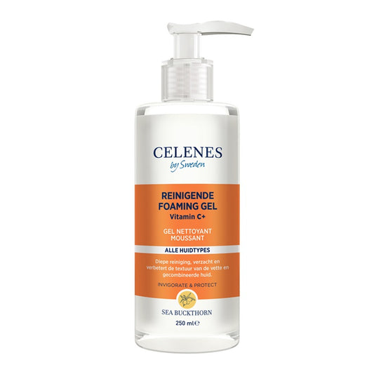 Celenes Sea Buckthorn Cleansing Gel in 250ml bottle, facial skincare product with orange-colored gel and pump dispenser.