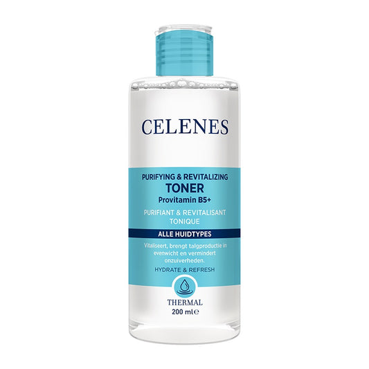 Celenes Thermal Toner 200ml in a clear bottle, designed for facial skincare, with a minimalist label and cap.