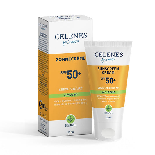 Celenes herbal sunscreen cream SPF50+ for anti-aging, 50ml, with herbal ingredients, in a white tube with a blue cap.