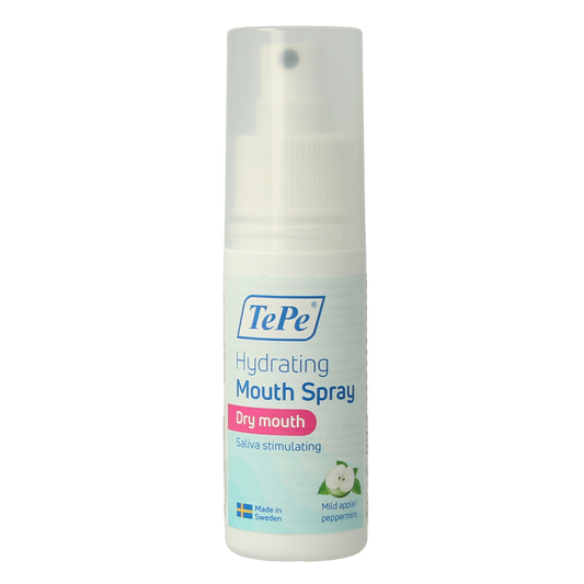 TePe Mondhygiëne en Poetscontrole hydraterende mondspray, 50ml, with a spray bottle showing the TePe brand label.