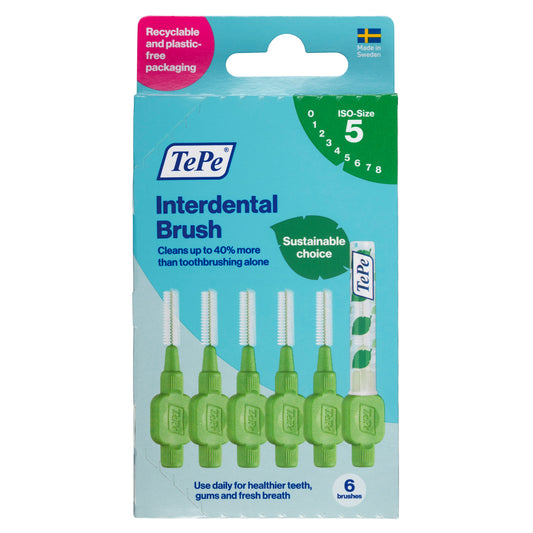 TePe Interdental Ragers original groen, 0.8mm, size 5, pack of 6, designed for effective interdental cleaning.