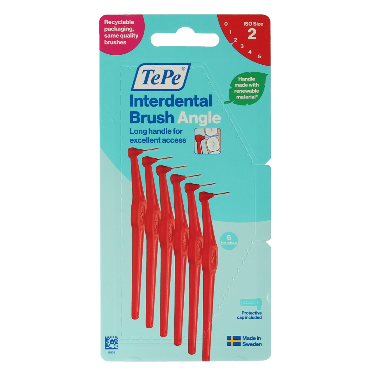 TePe interdental brushes angle rood 0.5mm, maat 2, for interdental cleaning, with six brushes shown in the image.