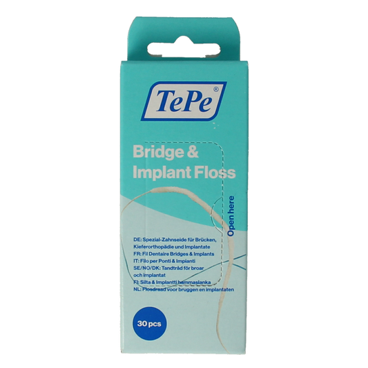 TePe Bridge & implant floss pack with 30 dental floss sticks for cleaning around bridges and implants.