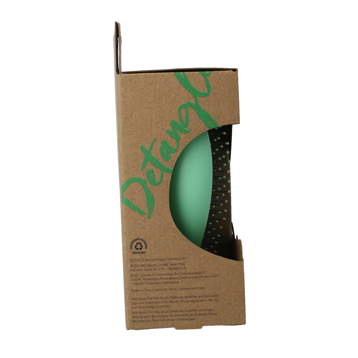 Wet Brush Go Green palm detangler brush with green tea tree oil, shown with soft bristles and ergonomic handle.