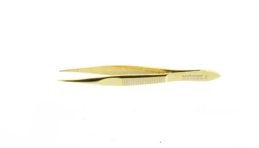 Malteser Pincet 8cm verguld spits, stainless steel tweezers from Malteser, suitable for precise handling and cooking.