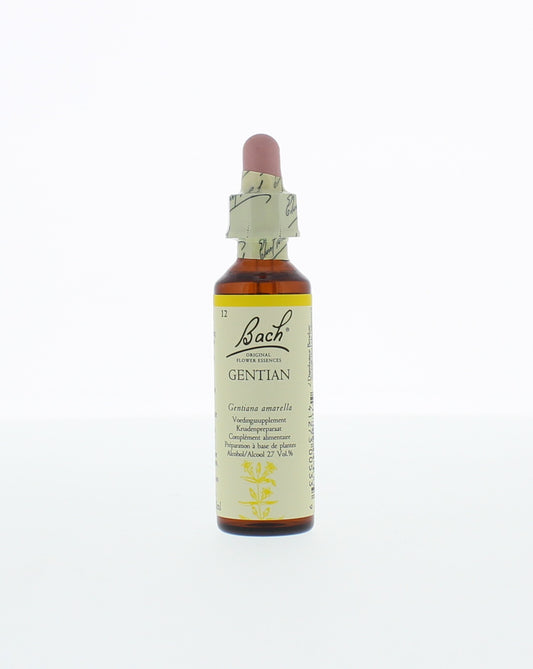 Bach Gentian herbal remedy bottle with green label and dropper cap, 20ml, part of Bach herbal preparations.