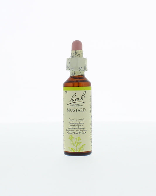 Bach Mustard herbal preparation bottle, 20ml, in a clear container with a yellow cap, used for natural herbal remedies.