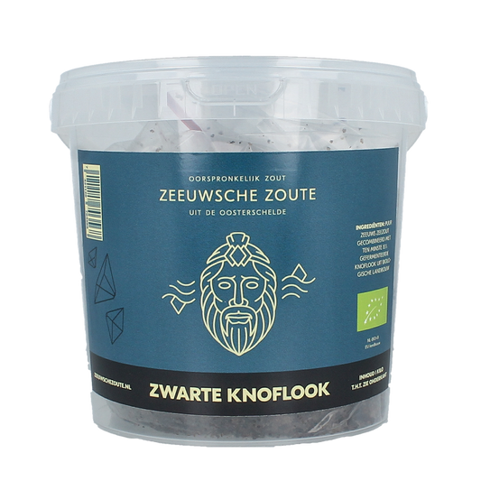 Zeeuwsche Zoute black garlic sea salt in a 1kg package, natural seasoning with black garlic and sea salt for flavorful dishes.