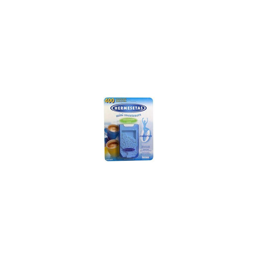 Hermesetas Zoetjes sugar substitutes, 400 tablets, in a clear container, ideal for sweetening beverages naturally.