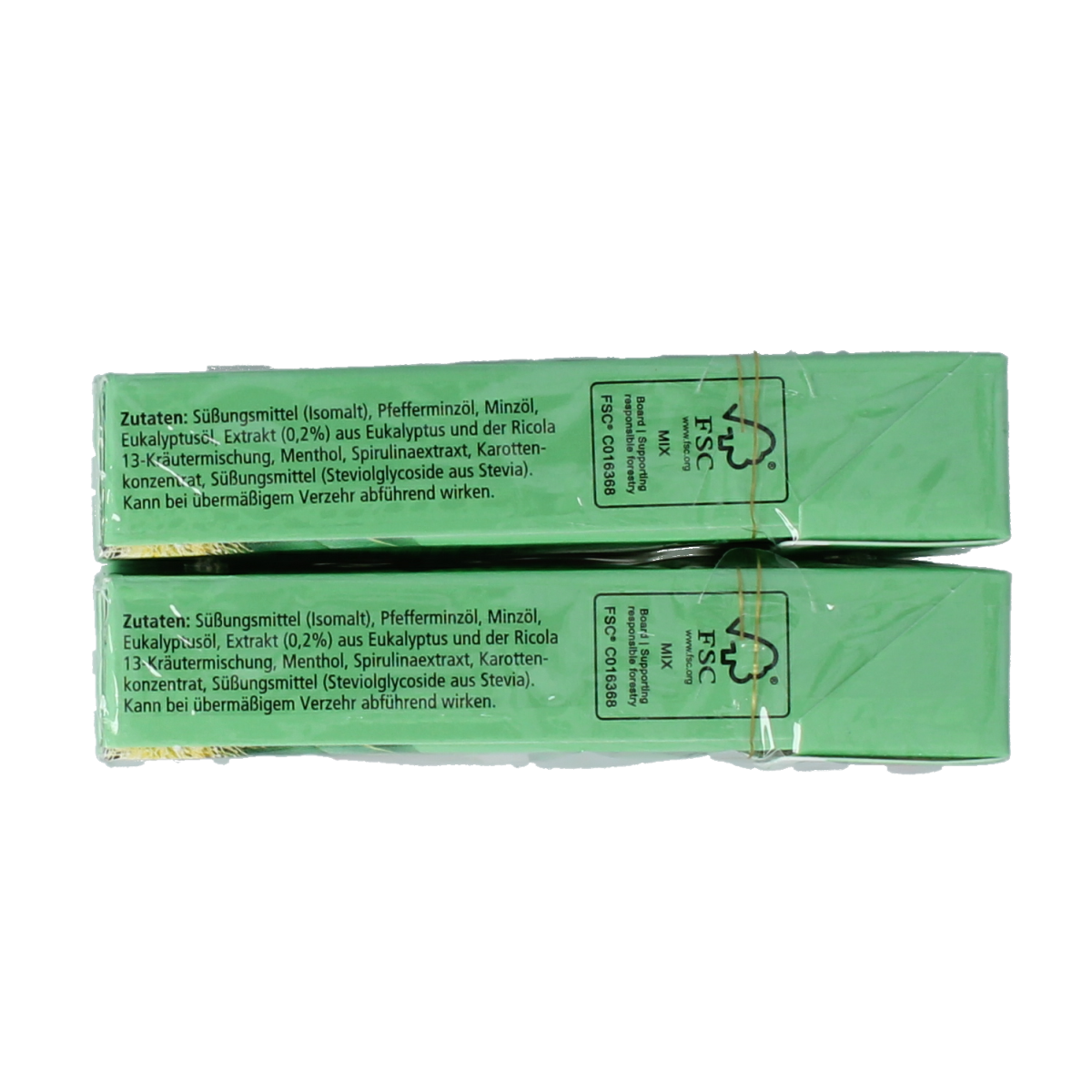 Ricola Eucalyptus sugar-free lozenges duo pack, 100 grams, displayed in a clear resealable bag with eucalyptus flavor.