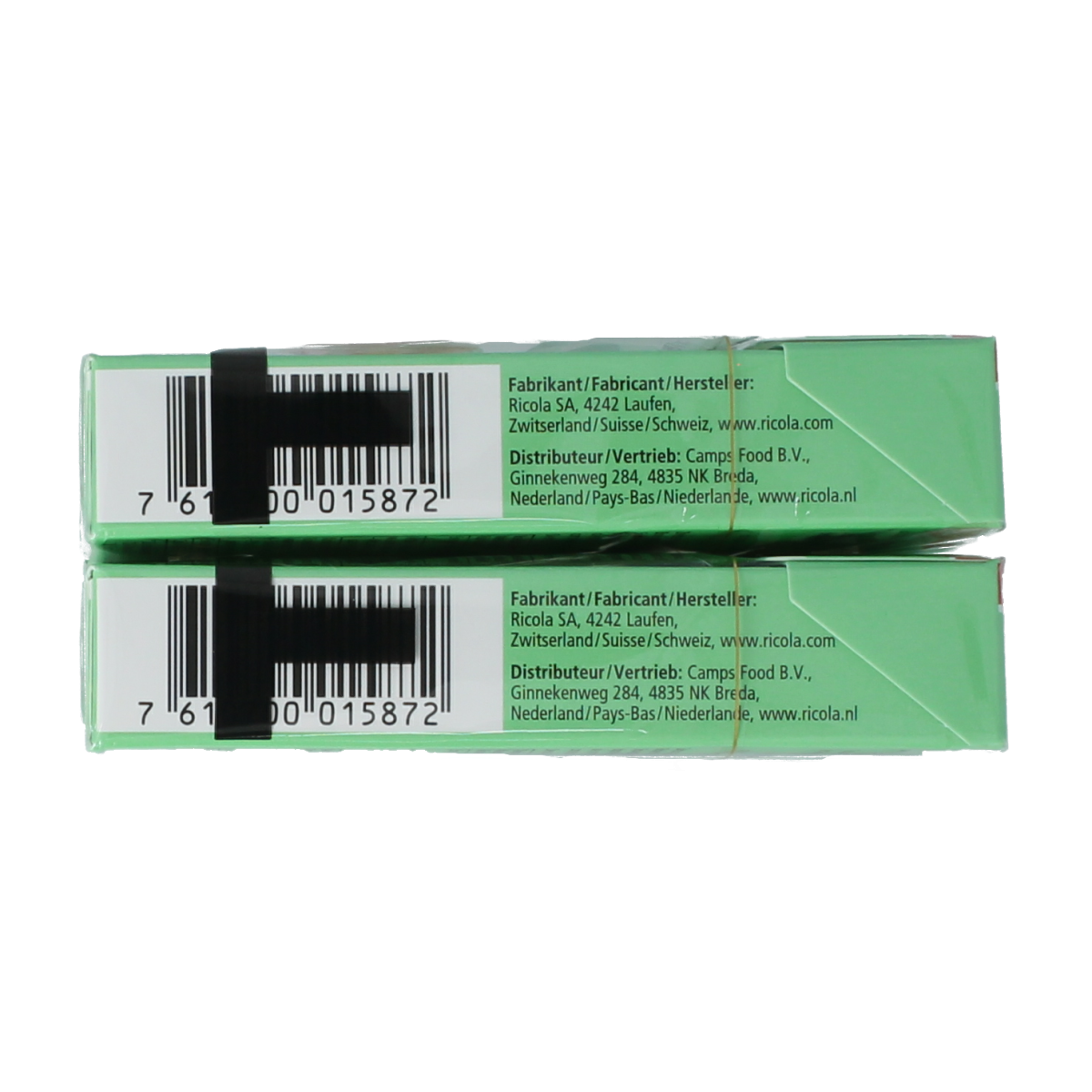 Ricola Eucalyptus sugar-free lozenges duo pack, 100g, Swiss herbal cough drops in a colorful package with eucalyptus leaves.