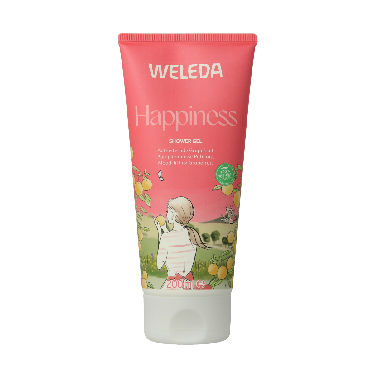 Weleda Happiness douchegel bottle, 200ml limited edition, natural bad en douche product with floral packaging visible in the image.