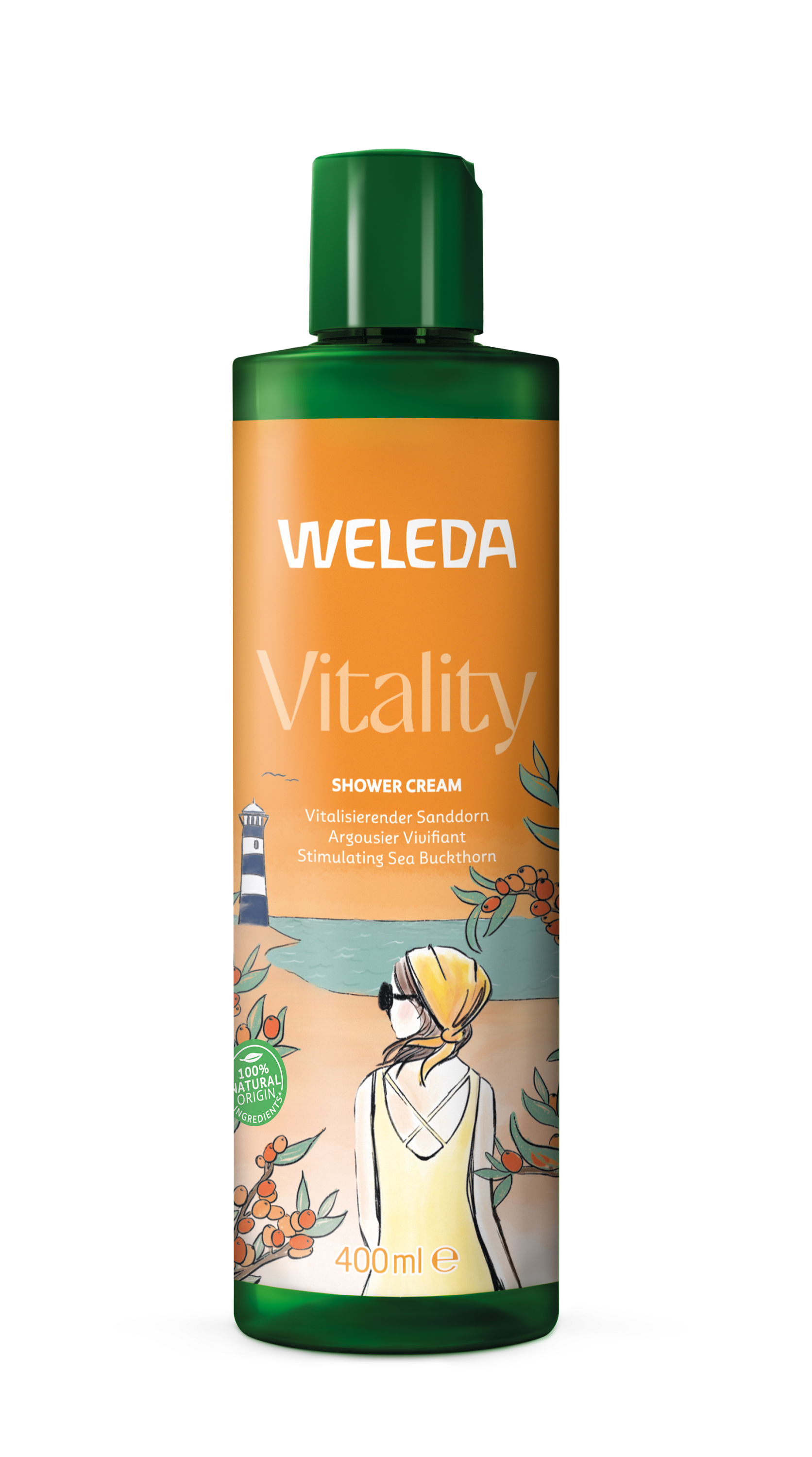 Weleda Vitality douchecreme duindoorn bio in 400ml bottle, gentle bath and shower product with natural ingredients.