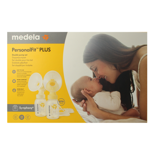 Medela Symphony double breast pump set size M for postpartum use, with milk collection bottles and accessories.