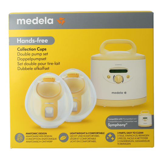 Medela handsfree collection cups for Symphony, size M, designed for breastfeeding and milk expression, shown in the image.
