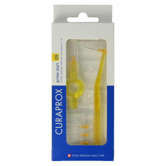 Curaprox CPS 09 prime rager start set with 5 dental interdental brushes, designed for effective cleaning between teeth.