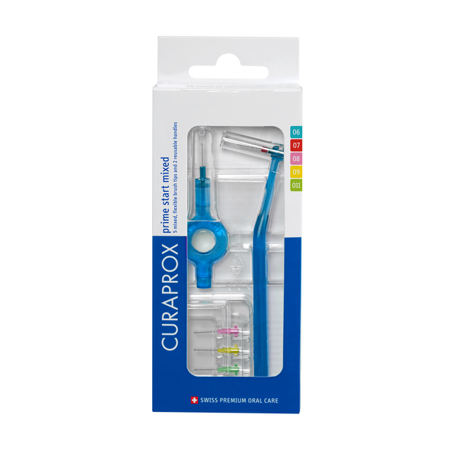 Curaprox CPS Prime Start mixed oral care set with various dental tools for effective mouth hygiene.