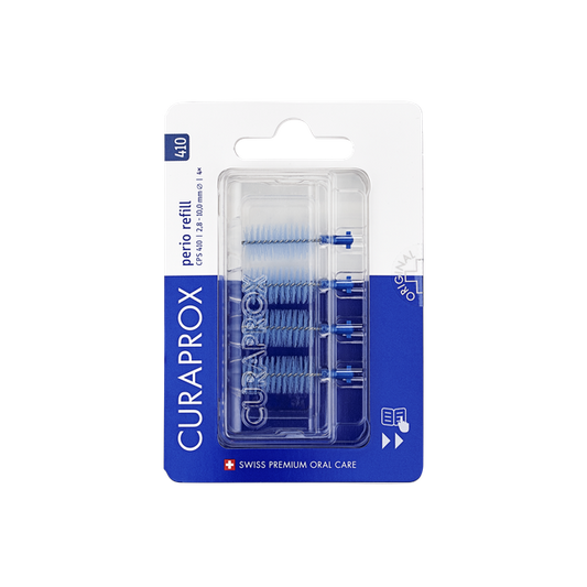 Curaprox CPS 410 perio rager navulling set for oral care, displayed in packaging with product details.