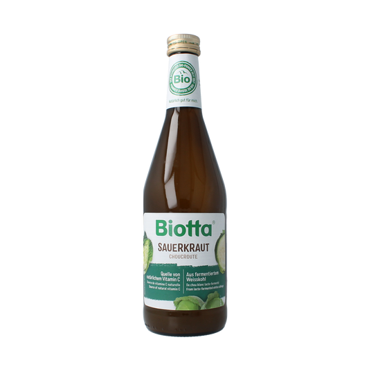 Biotta organic sauerkraut juice in a 500ml bottle, clear liquid with slight cloudiness, labeled with the Biotta brand.