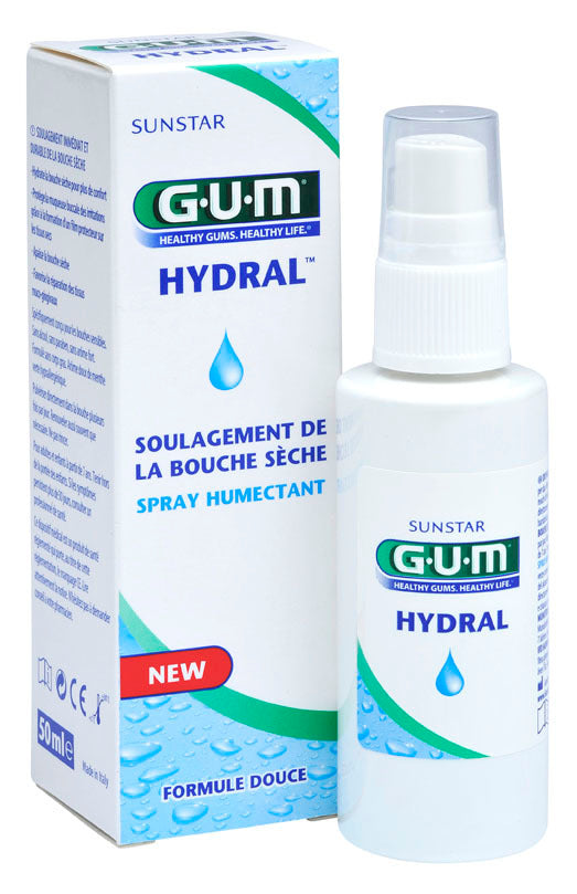 GUM Hydral mouth spray bottle for oral hygiene and brushing control, 50ml, with a clear spray nozzle and label.