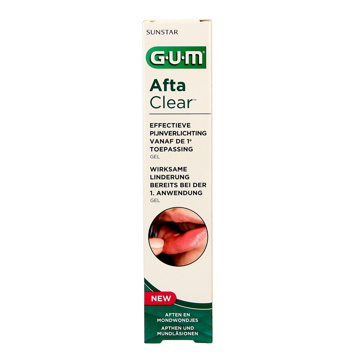 GUM Aftaclear gel 10ml for oral hygiene and plaque control, shown in a transparent tube with blue and white packaging.