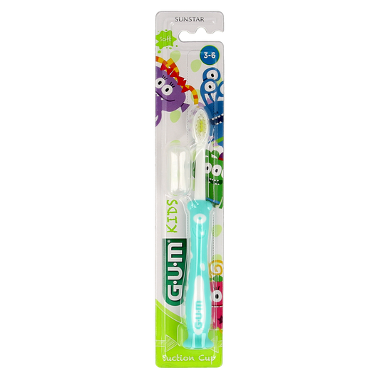GUM Tandenborstel for 2-6 years old, child-sized toothbrush with colorful handle designed for young kids.