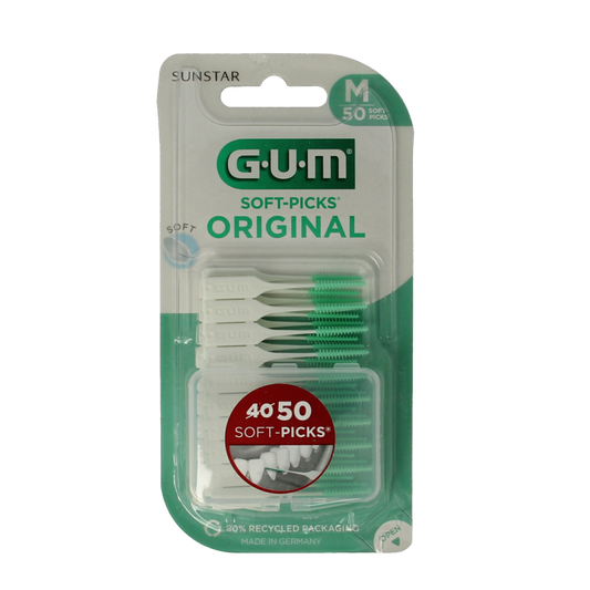 GUM Soft-picks original medium pack with 50 dental picks for oral hygiene and plaque removal, displayed on a clean background.
