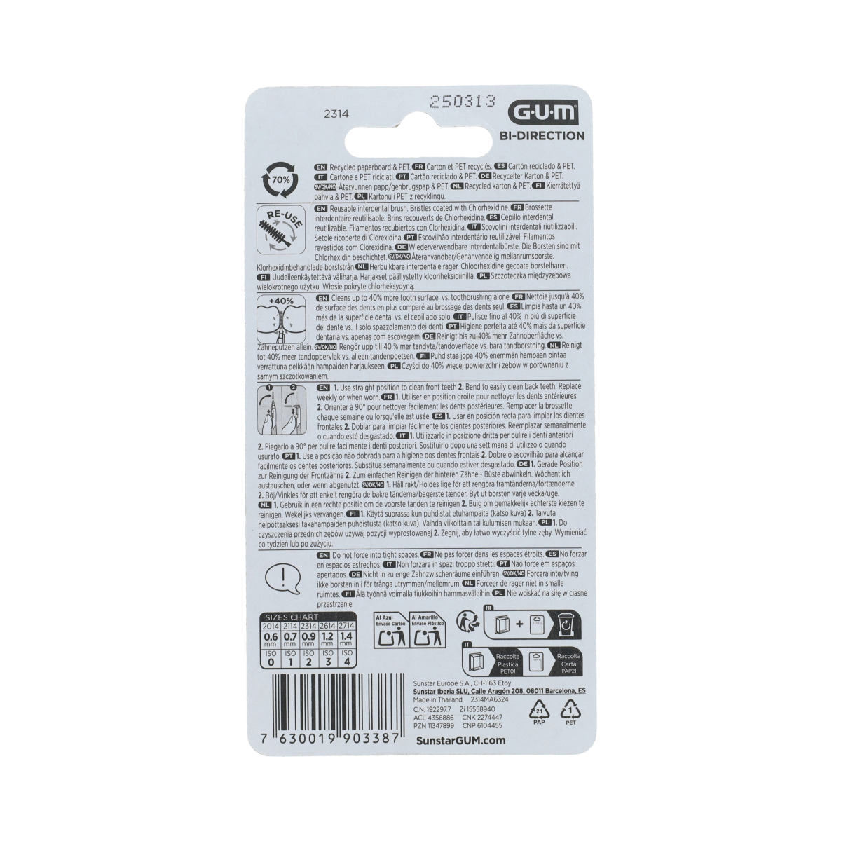 GUM Bi-direction 0.9mm dental flossers and interdental cleaners, 6-pack, designed for effective plaque removal between teeth.