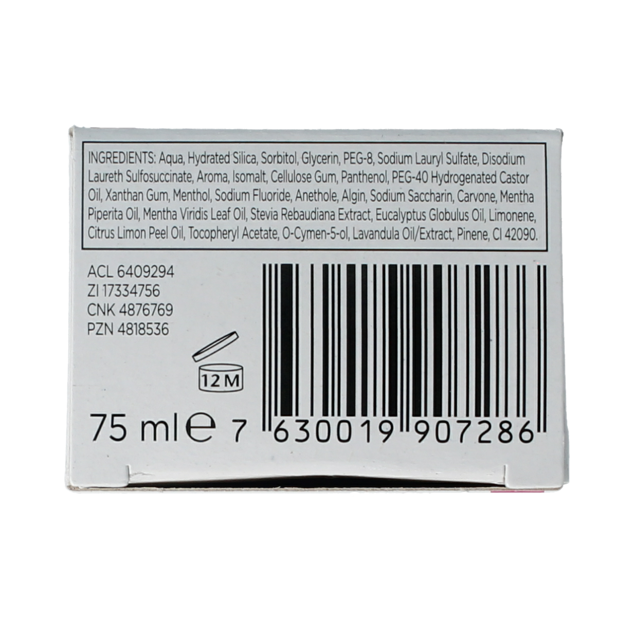 GUM White Original toothpaste tube, 75ml, with white and blue packaging, displayed on a white background.
