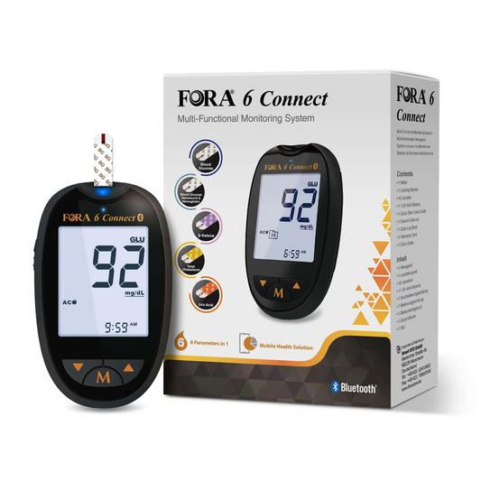 Fora FORA 6 blood glucose meter display showing 1.00 mmol/l, used for self-testing blood sugar levels.