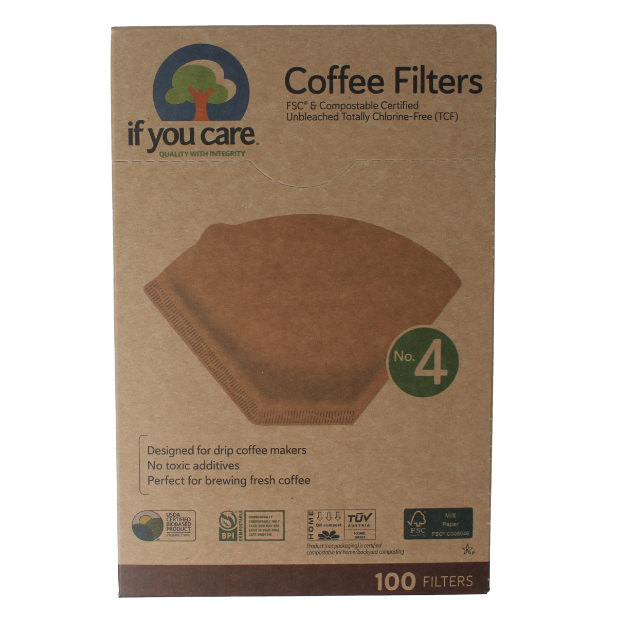 Pack of 100 If You Care No. 4 coffee filters for brewing coffee and tea, made from natural, eco-friendly materials.
