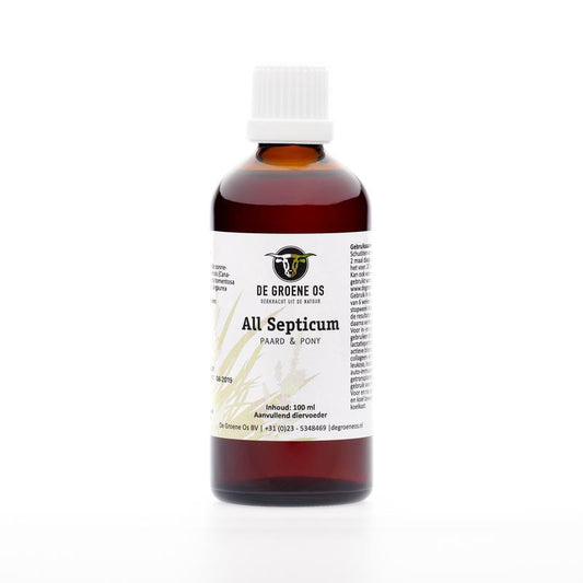 Groene Os All septicum paard/pony voedingssupplement in 100ml bottle, designed for horse and pony health.