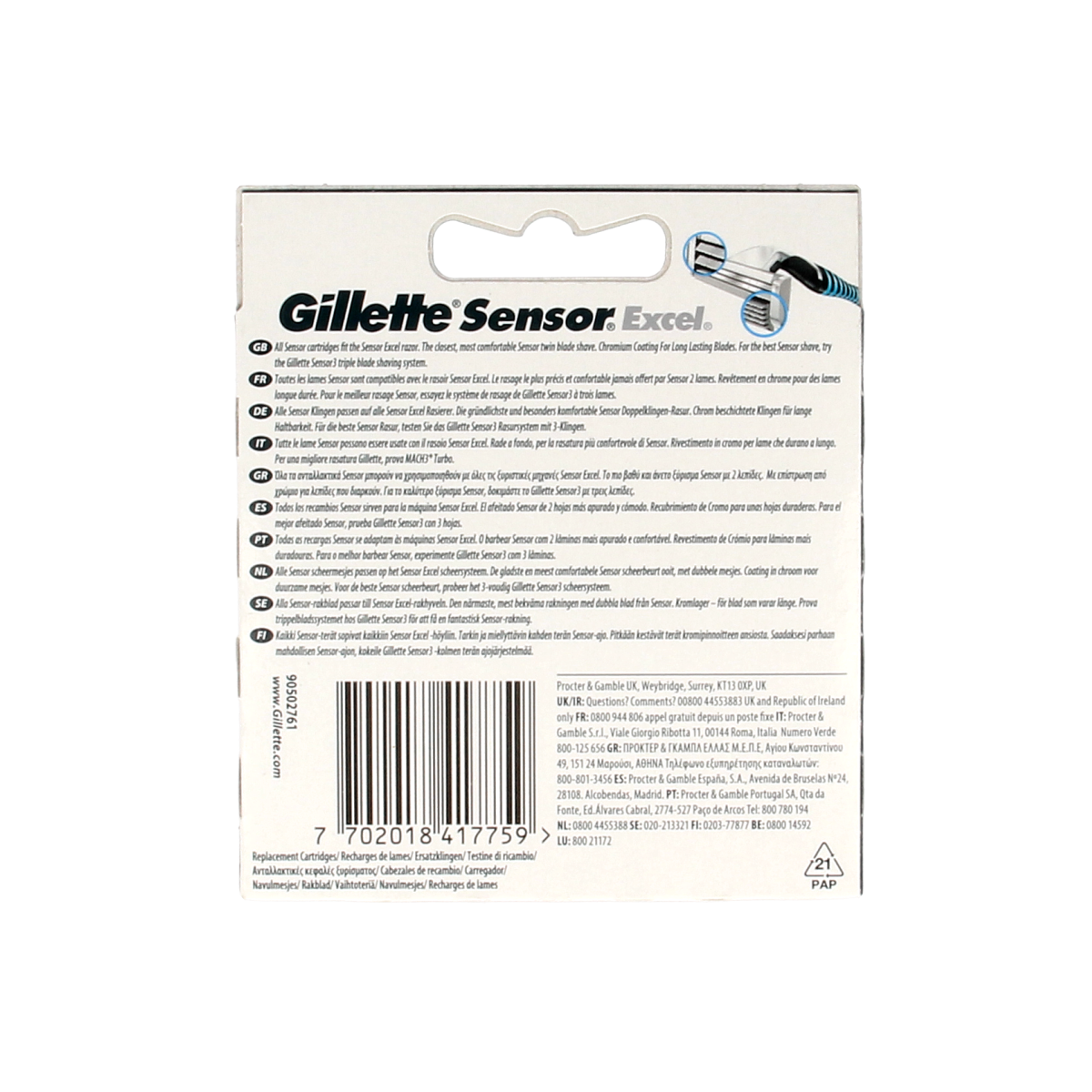 Gillette Sensor Excel razor blades pack of 10 replacement blades for shavers, featuring sharp, precise cutting edges.