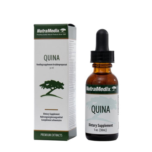 Bottle of Nutramedix Quina herbal tincture in 30ml bottle, featuring the product label and dark glass container.