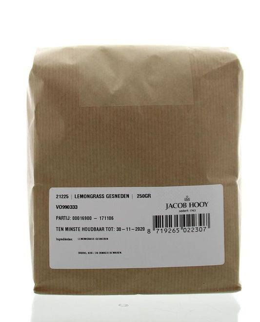 Sliced lemongrass from Jacob Hooy in a 250g package, used as a flavorful herb in cooking and Asian cuisine.