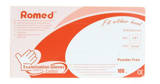 Romed latex non-sterile powder-free disposable medical gloves in size S, shown in a box of 100 pieces.
