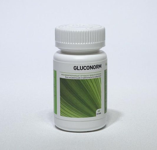 Ayurveda Health Gluconorm 400mg herbal tablets in a clear bottle, showing the label and 60 tablets inside.