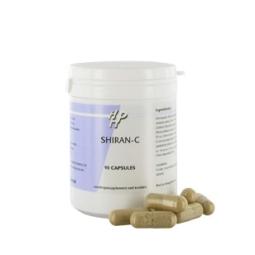 Holisan Shiran-C vegetarian herbal capsules in a clear bottle, showing green capsules inside, part of herbal supplement product line.