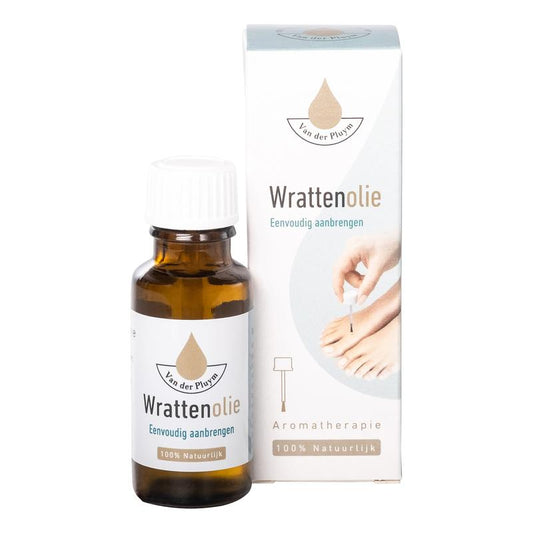 Van Der Pluym Wrattenolie 20ml bottle for body care, featuring a dark glass container with a white cap.