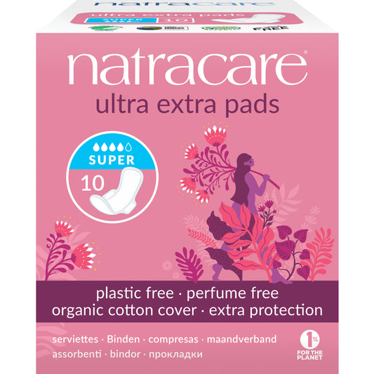 Natracare Ultra Extra Super sanitary pads for women, package of 10, featuring soft, eco-friendly menstrual protection.
