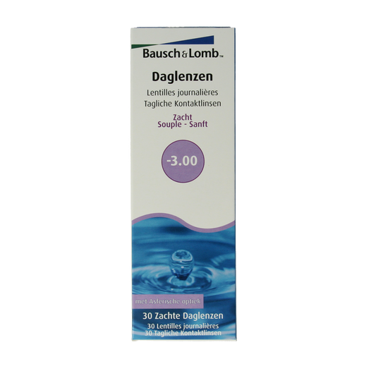 OTC Medical Daglenzen -3.00 contact lenses for eye care, 30 pairs, displayed in a clear container.