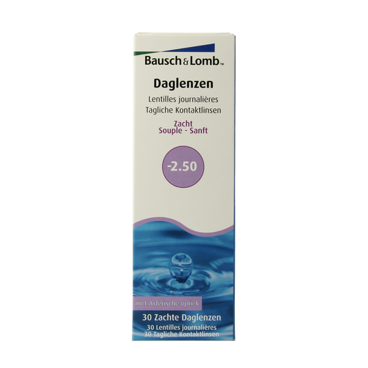 OTC Medical Daglenzen -2.50 for eye care, shown in a box with 30 contact lenses, designed for vision correction.