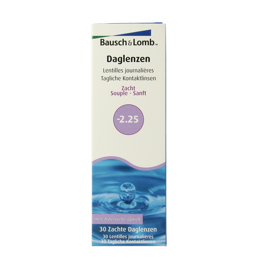 OTC Medical Daglenzen -2.25 diopters, 30 pairs of eye care contact lenses shown in a box.