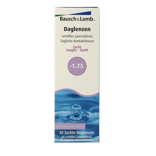 OTC Medical Daglenzen -1.75 for eye care, 30 lenses, close-up of daily contact lenses in a blister pack.