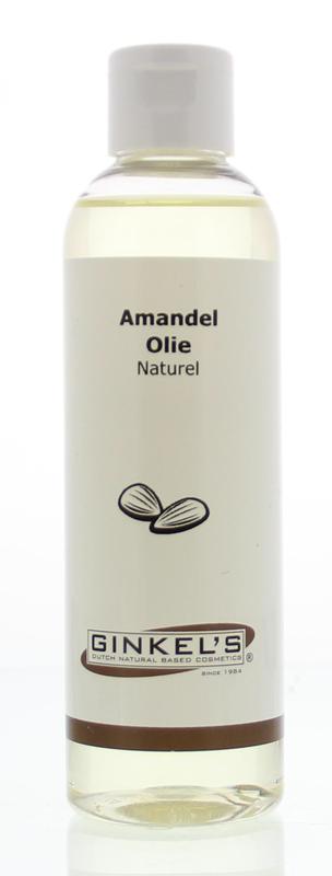 Ginkel's Amandelolie neutraal 200ml, natural almond body oil in a clear bottle, suitable for skincare and body care.